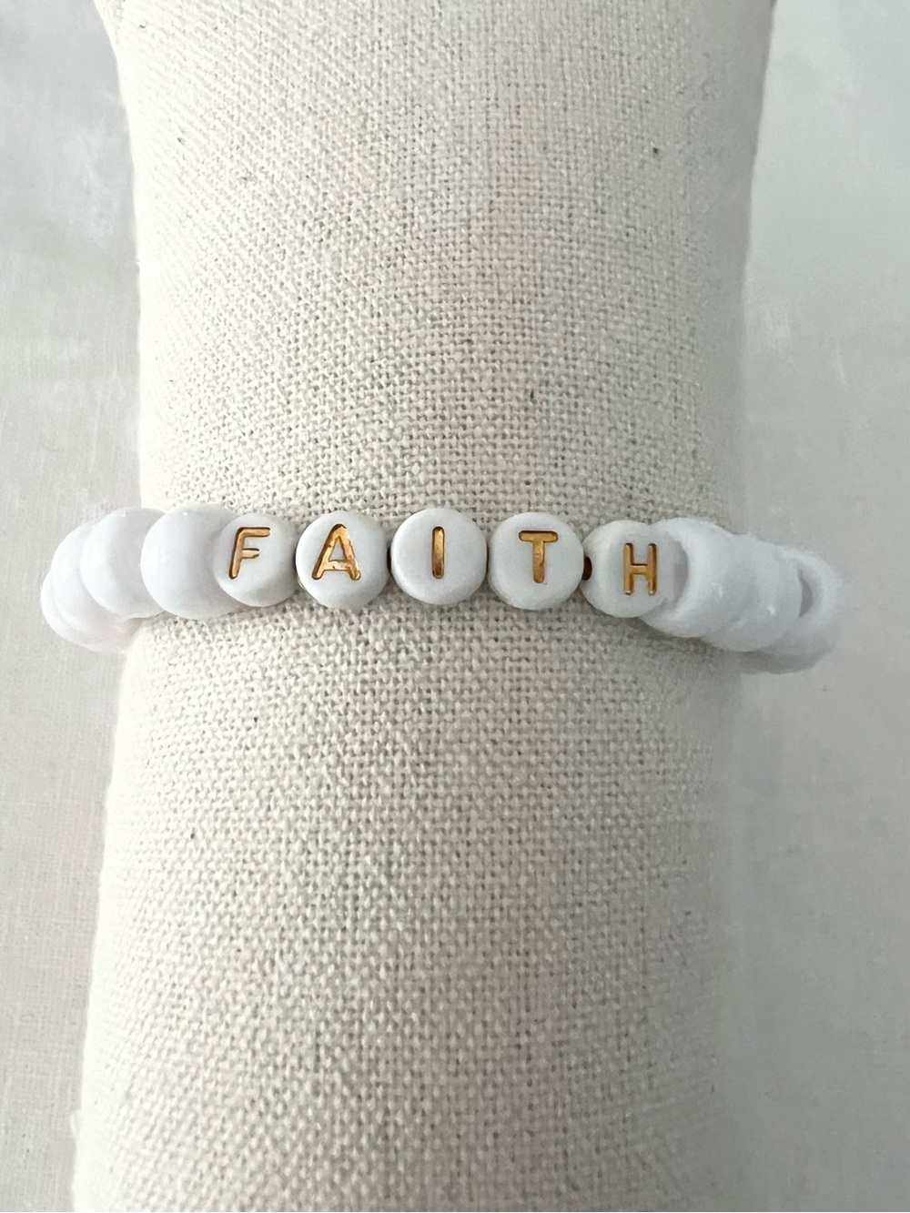 Handmade FAITH White Pony Bead Stretch Bracelet